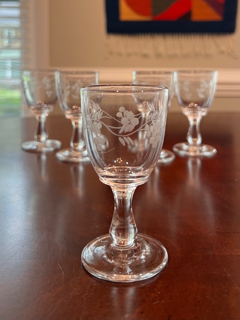 Vintage Etched Grapevine Cordial Liqueur Glasses, Set of 5